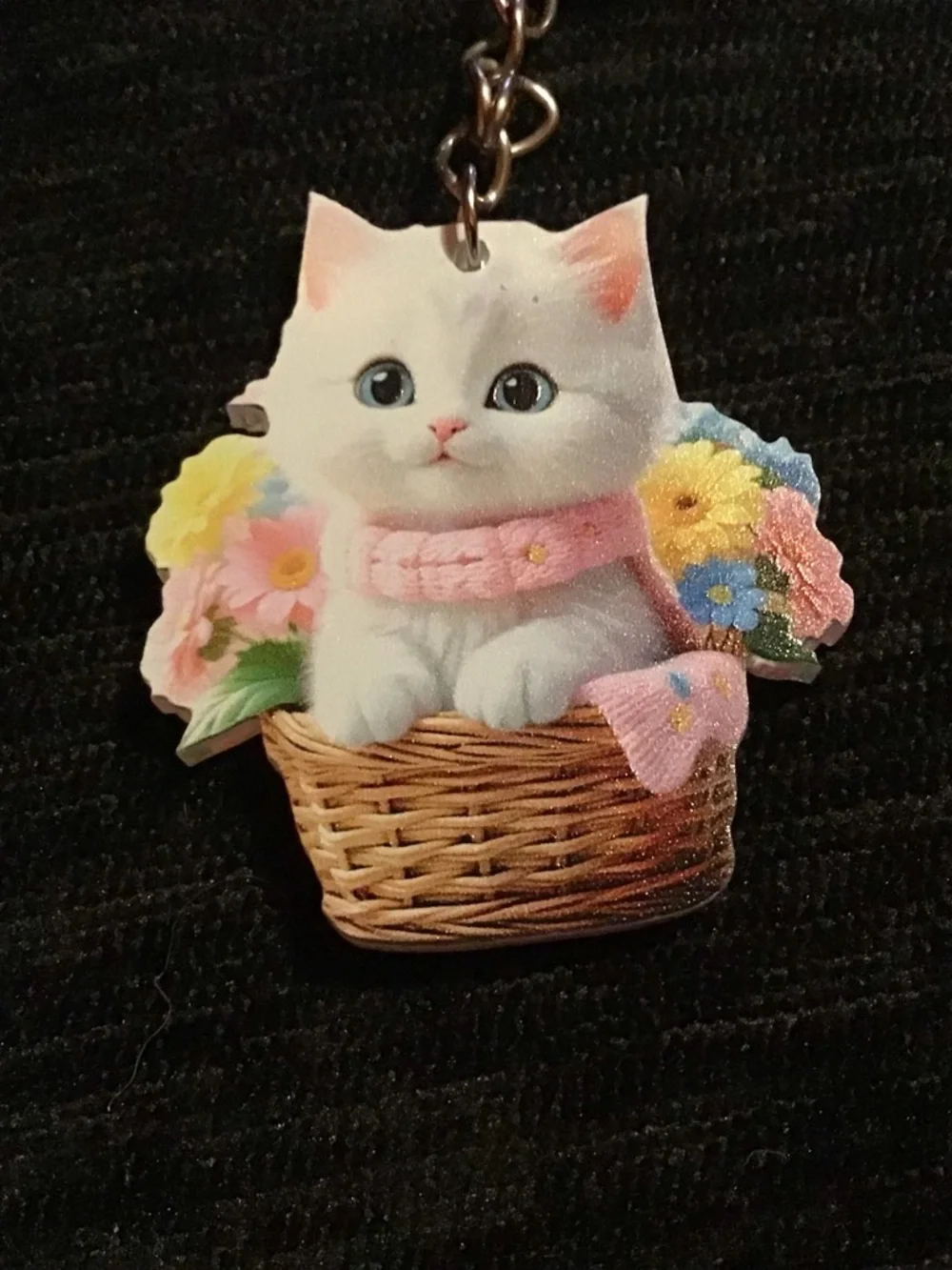 Cute White Cat Keychain with Pink Collar - Pets Cat Accessory